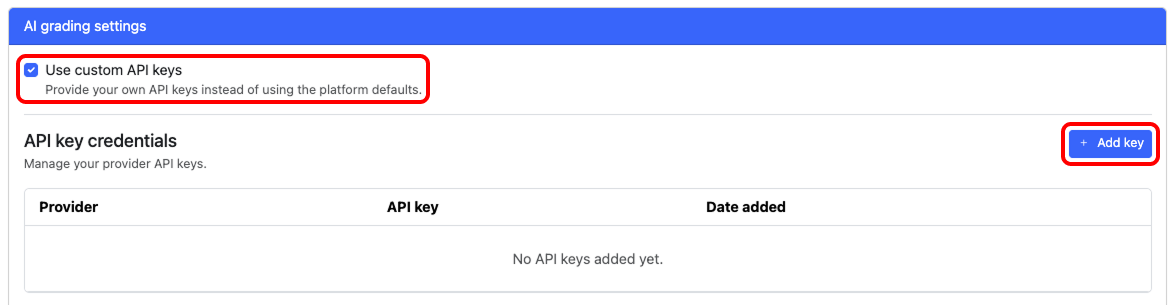 Custom API key billing configuration.