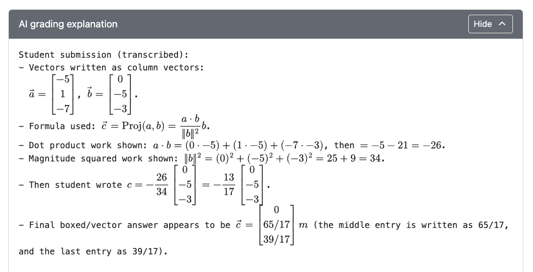 AI transcription of a student's image submission, shown beneath the explanation.