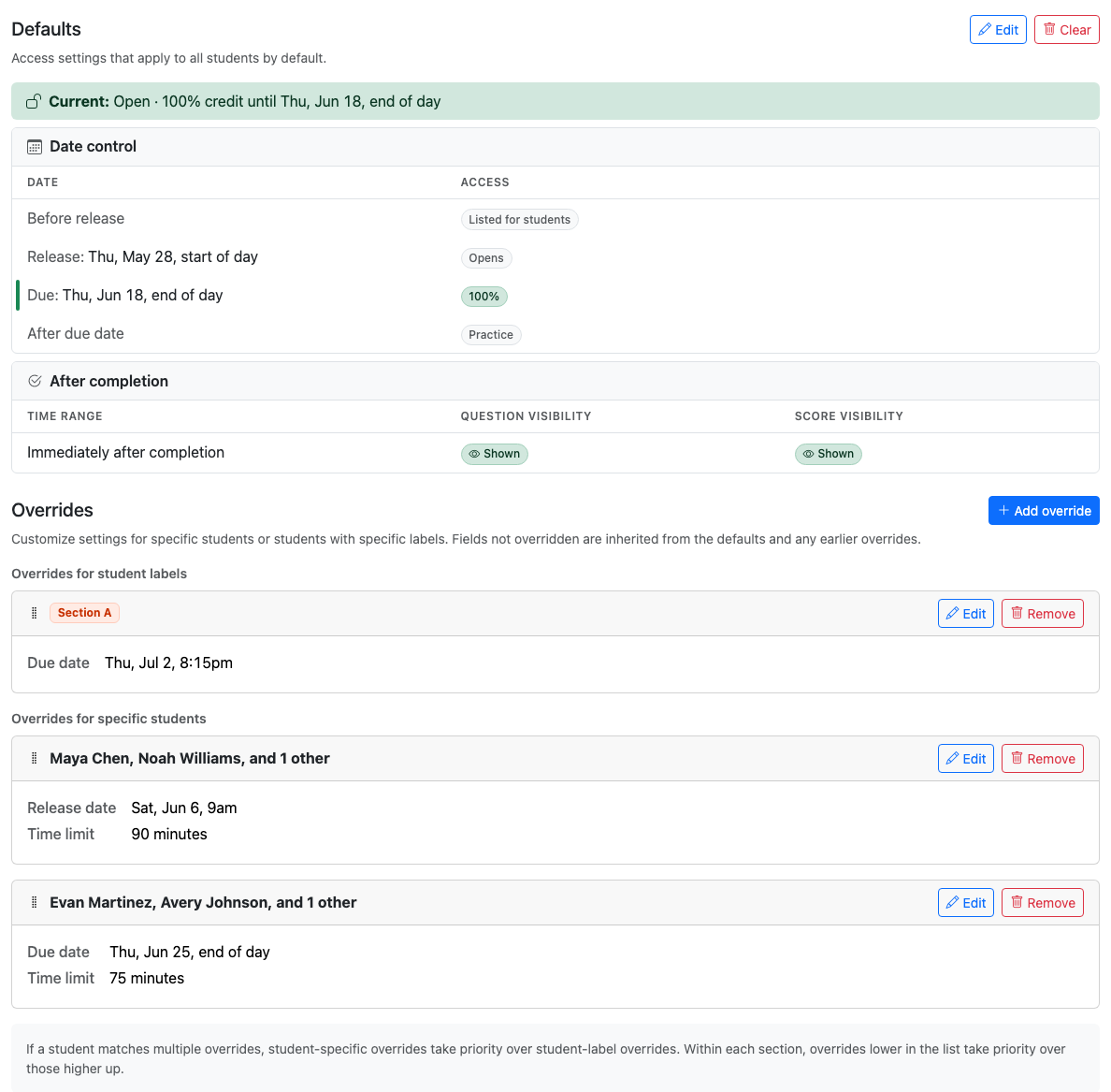 Access control page showing Defaults and Overrides