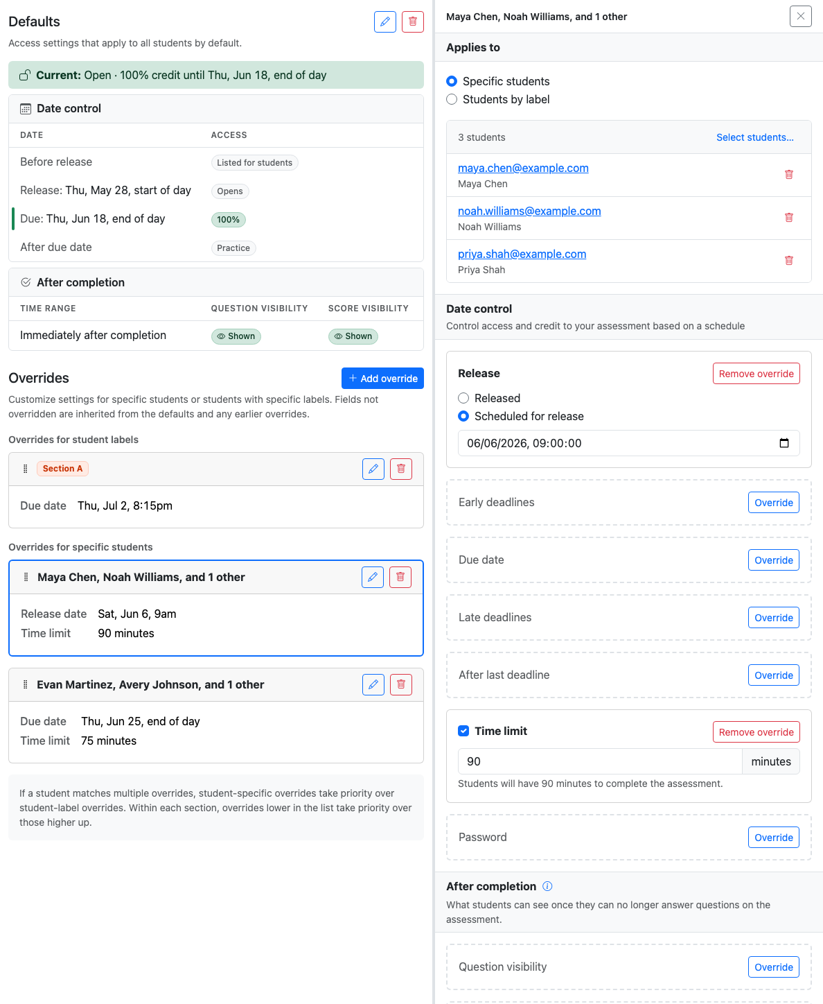 Student-specific override editor with an overridden release date