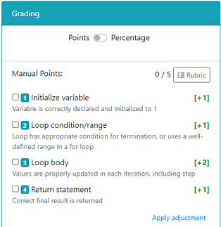 Rubric items in grading panel