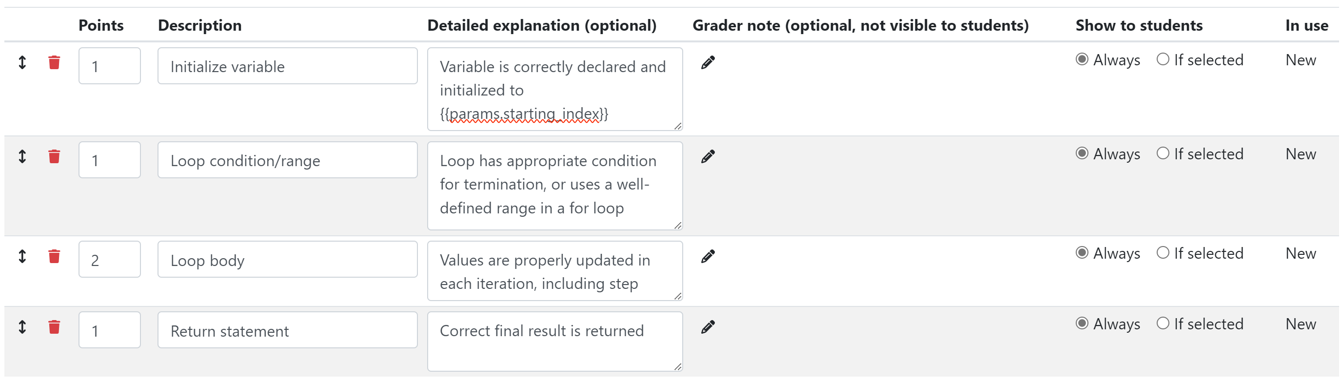 Rubric items in settings