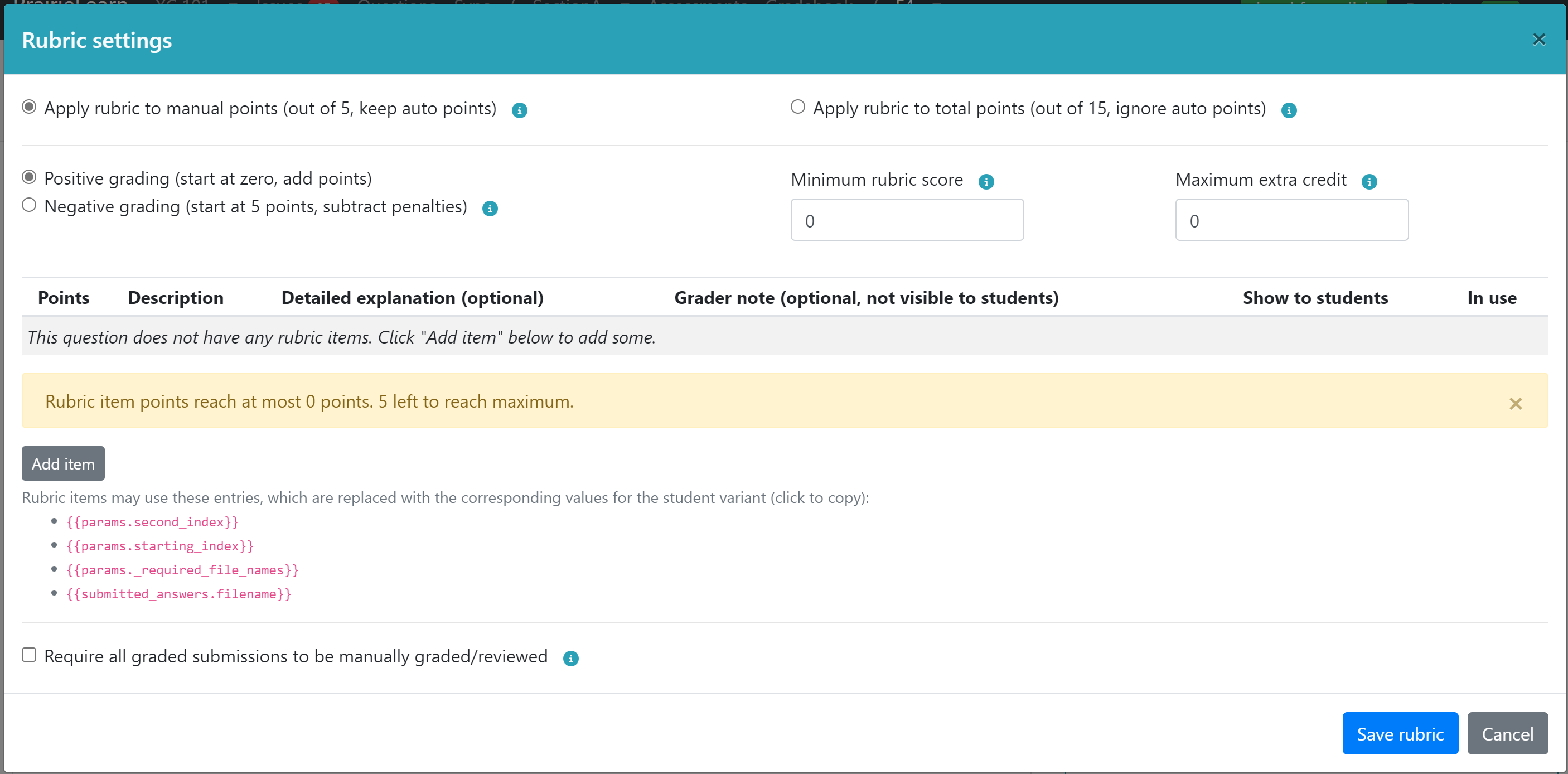 Rubric settings dialog